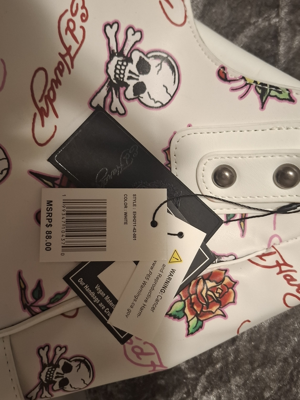 Ed Hardy White Tote with Red Heart & Pink Skull Print - Picture 7 of 12